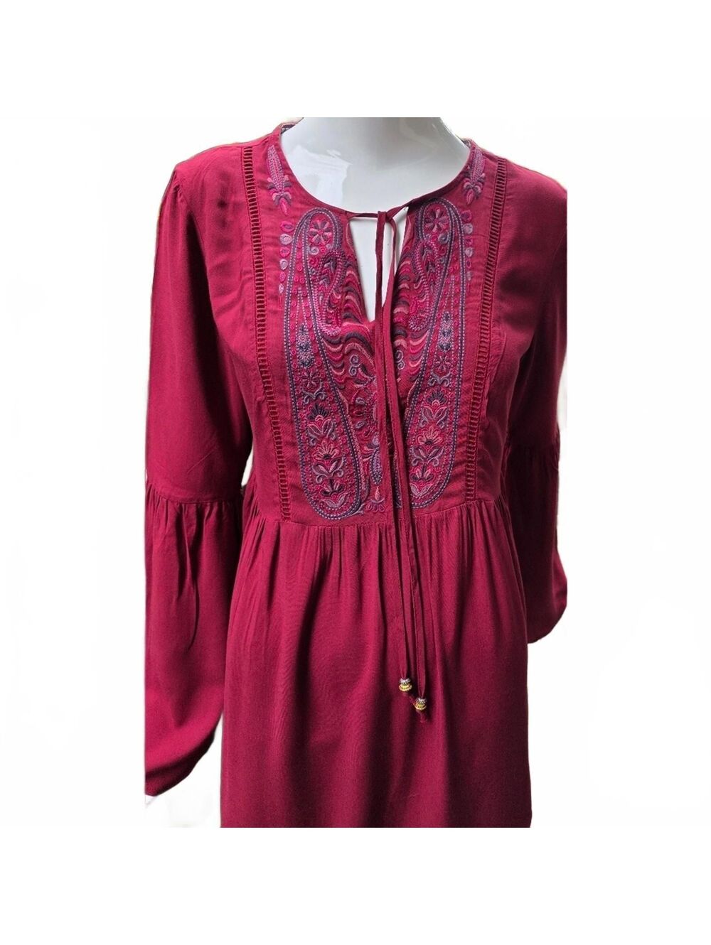 Ruby  Embroidered Boho Mini Dress Bell Steeve Peasant Tunic  XS  Rayon